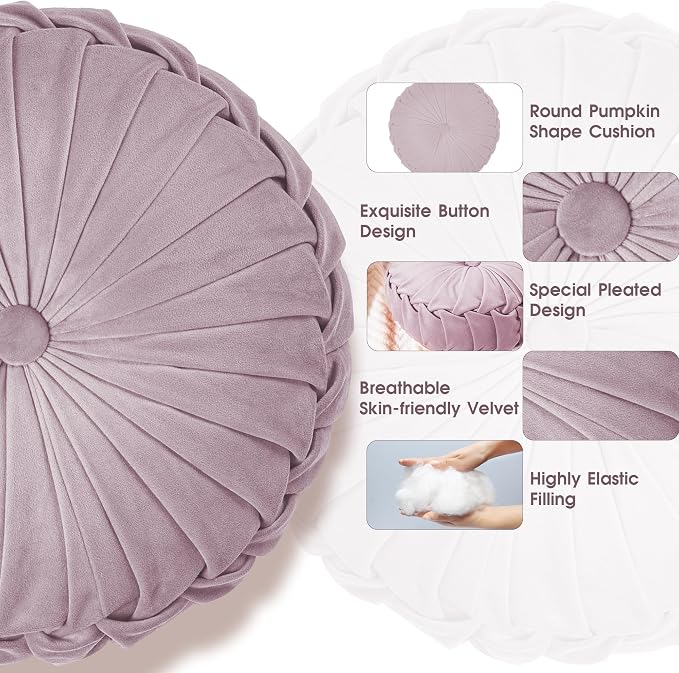 ROSE&RISY Round Pleated Velvet Throw Pillow, 1 Pack Decorative Accent Pumpkin Pillow Cushion for Couch Sofa Bed, Soft Plush Retro Vanity Throw Pillows for Home Decor, 14.5 Inch, Lavender