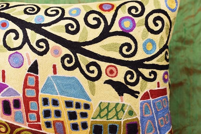 Yellow Tree of Life Pillow Cover | Karla Gerard Floral Pillows | Floral Couch Cushion | Kids Room Pillowcase | Gold Plant Toss Pillows | Hand Embroidered Cushions Wool Size - 14x24