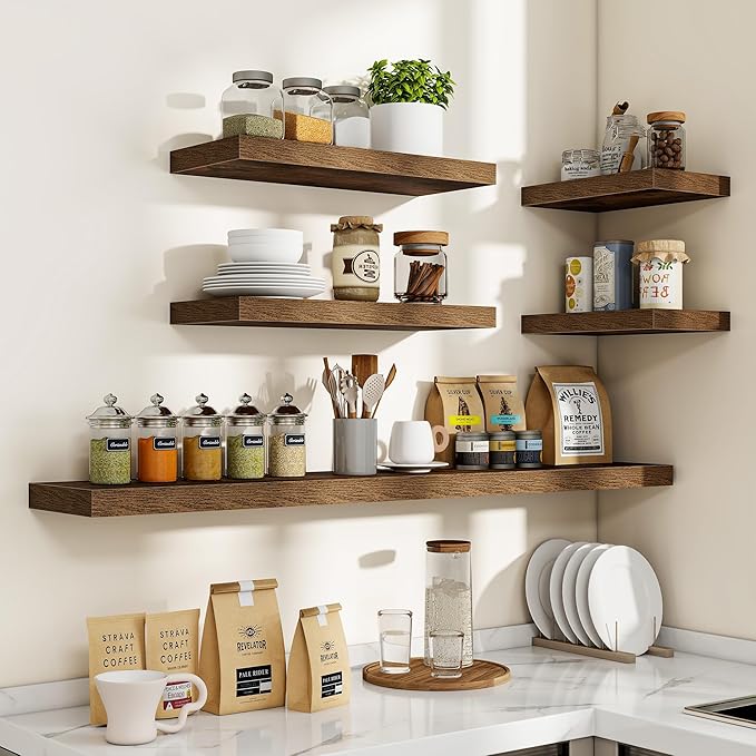 Acovy 32 Inch Floating Shelves, 3D Textured Wood Grain, 32"x9.25"x1.5" Inch Deep Floating Shelves for Wall, Wooden Shelves for Bathroom, Bedroom, Living Room, Brown, 2 Pieces