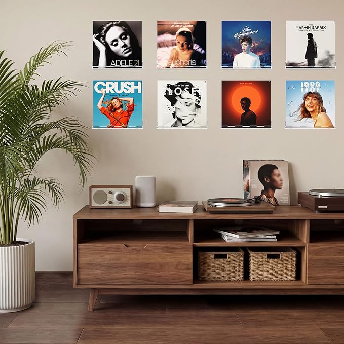 Optish 8 Pack Vinyl Wall Mount Shelf, 12" Vinyl Record Holder, Clear Record Shelf Display and Storage, Acrylic Shelves for Wall, Nursery, Living Room, Bedroom