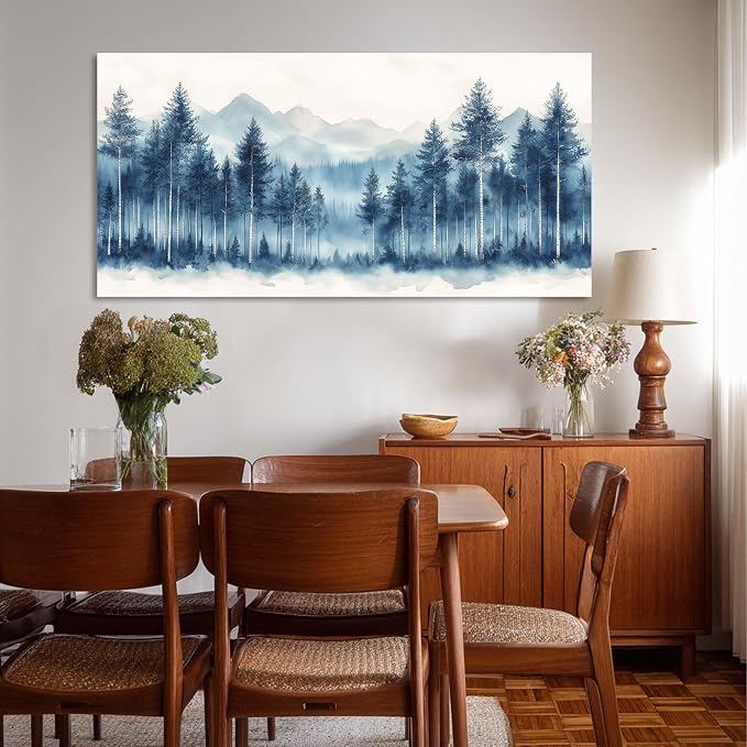 Ggaafet Watercolor Blue Forest Wall Art for Living Room Canvas Painting Prints Beautiful Mountain Woods Landscape Art Deco Nature Artwork Office Bedroom Family Dining Room Decor Large