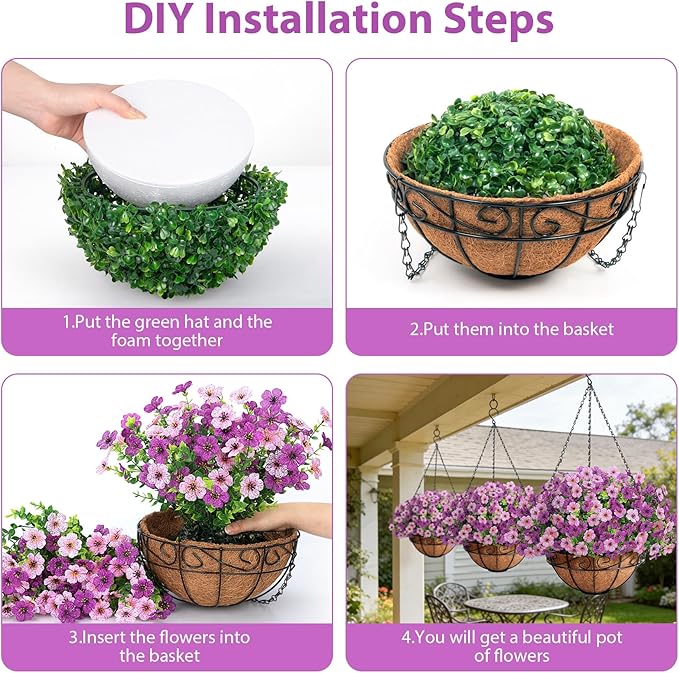 Artificial Fake Hanging Flowers Plants Basket Outdoors, Faux Silk UV Resistant Look Real Daisy Eucalyptus for Spring Summer Garden Porch Home Patio Balcony Yard Decorations, Pink Purple