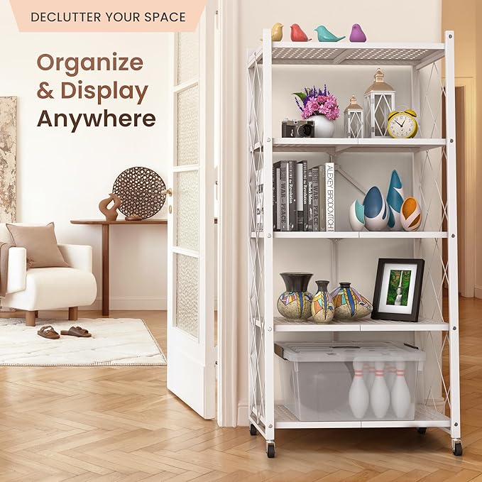 Our Modern Space 5-Tier Foldable Storage Shelf with Wheels | Metal Rack Collapsible Shelving Display | Rolling Cart for Books Kitchen Storage Shelves | Pantry & Closet Organizer | Office Room Decor