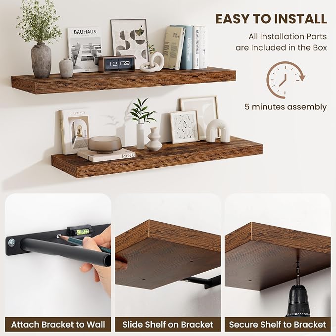 Fun Memories Wood Floating Shelves 20 Inch, 10 Inch Deep Shelves Wall Mount, Wall Shelves with Invisible Bracket, 20" Floating Shelves for Living Room Bathroom Bedroom, Rustic Brown, Set of 3