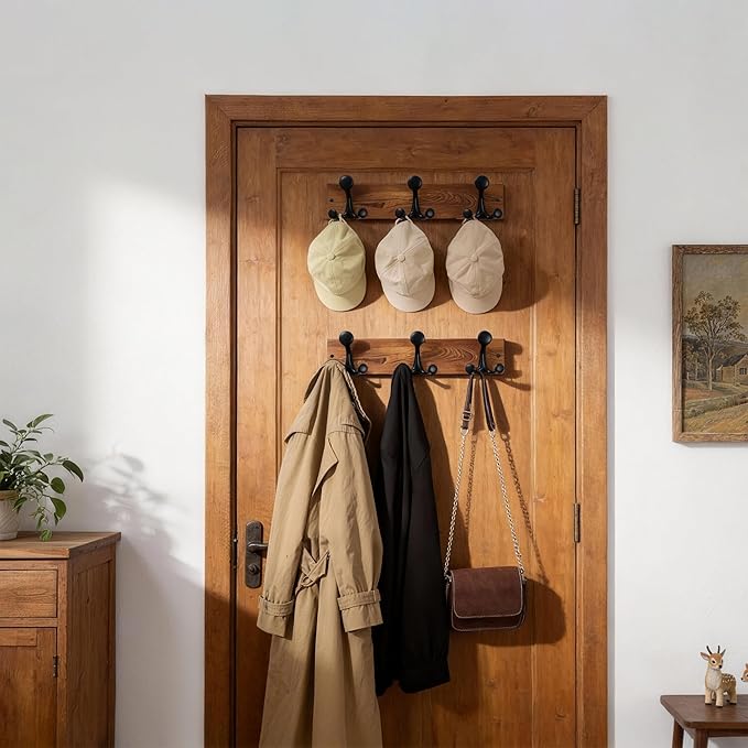 WEBI Coat Rack Wall Mount,17" Solid Wood Coat Hooks Wall Mounted Coat Hanger,16" Hole to Hole,Heavy Duty Hook Rack,3 Triple Hooks for Hanging Coats,Jacket,Hat,Backpack,Farmhouse,Brown,2 Packs