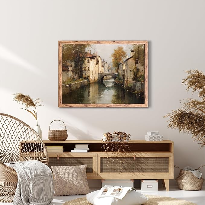 KBBYT Large Framed Wall Art European Canal Landscape Poster Canvas Print Vintage Rustic Farmhouse Painting Pictures Wall Decor Aesthetics for Living Room Apartment Decoration 24x36inch Wood Framed