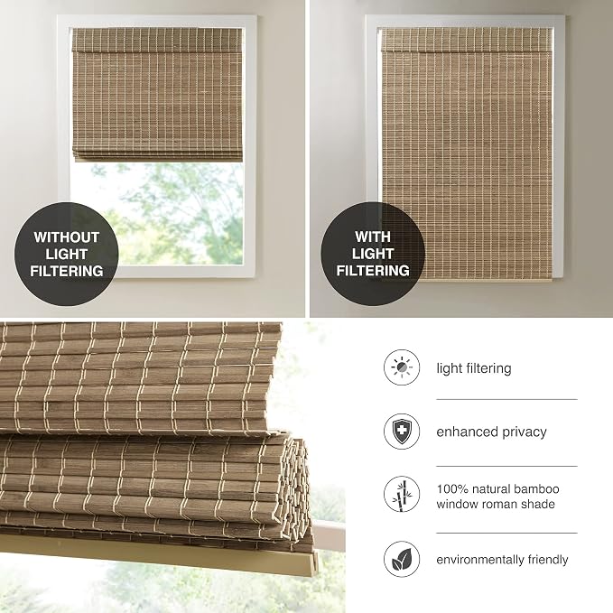 Madison Park Eastfield 100% Bamboo Cordless Roman Shades-Woven Wooden Privacy Panel, Light Filtering Easy Installation Window Blind Treatment, Bedroom, Living Room Decor, 33" W x 64" L, Natural Ash