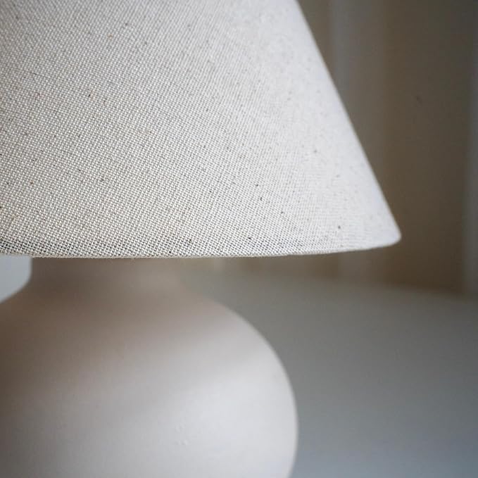 11" Small Table Lamp – Handmade Round Ceramic Cream Base with Off-White Fabric Shade, Dimmable Plug-in Nightstand or Accent Light – Organic Boho Japandi Decor for Bedroom or Small Spaces