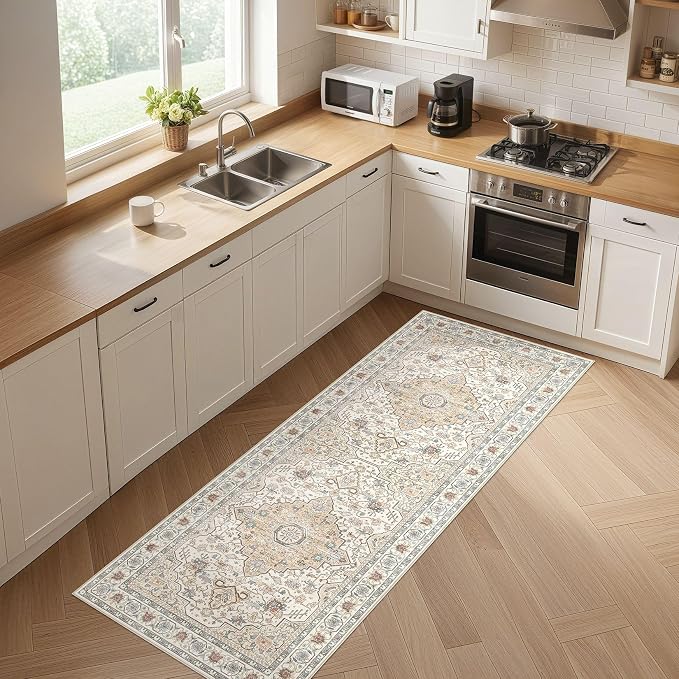 Runner Rug Kitchen Washable Rugs: 3x8 Non-Slip Boho Soft Vintage Stain Resistant Indoor Floor Neutral Farmhouse Throw Carpet for Hallway Bathroom Laundry Room Entryway Bedroom- Cream
