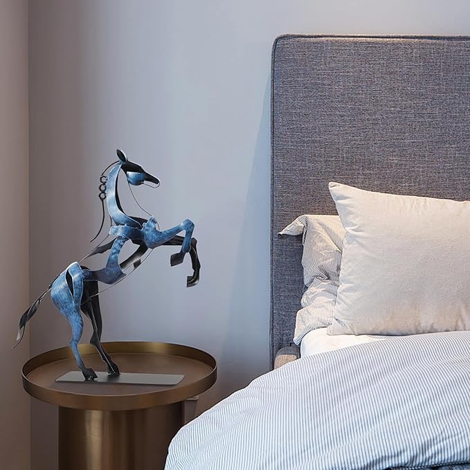 SunBlogs Art Metal Horse Statue Décor, Handmade & Hand-Painted Modern Western Horse Decoration, Rustic Iron Sculpture Gifts for Home Office for Horse Lovers (Blue)