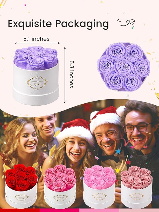 Beaulasting Long Lasting Preserved Roses in a Box Last a Year Forever Flowers for Her Mom Wife Anniversary Birthday (Round White Box, Light Purple Roses)