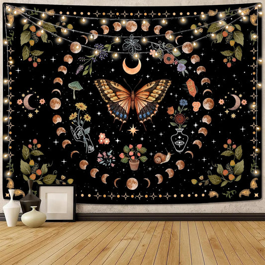Aipon Yellow Butterfly Moon Flower Tapestry Botanical Floral Plant Boho Tapestry for Bedroom Aesthetic Vintage Tapestries Wall Hanging for Living Room Dorm (60.00'' × 80.00'', Yellow)