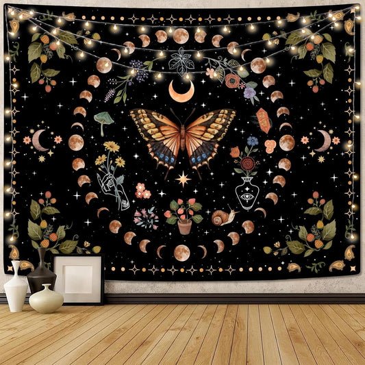 Aipon Yellow Butterfly Moon Flower Tapestry Botanical Floral Plant Boho Tapestry for Bedroom Aesthetic Vintage Tapestries Wall Hanging for Living Room Dorm (44.00'' × 60.00'', Yellow)