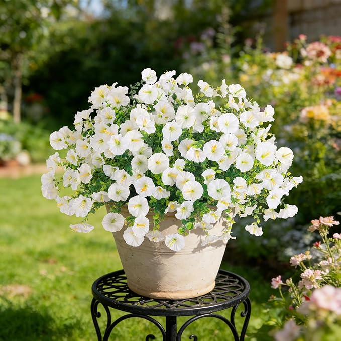 Hrobek Artificial Flowers for Outdoors, 12 Bundles Fake Plastic Petunias Flower Plant, Faux Colorful Silk Morning Glory for Outside Planter Garden Front Porch Door Spring Summer Decor,White