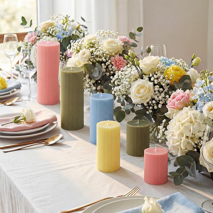 Lyrow 6 Pcs Ribbed Pillar Home Decorative Candles Aesthetic Modern Home Decor Soy Wax Unscented Pillar Candles Width 3" High 4" 6" 8" for Bathroom Living Room Wedding Dinner Party(Pastel Color)