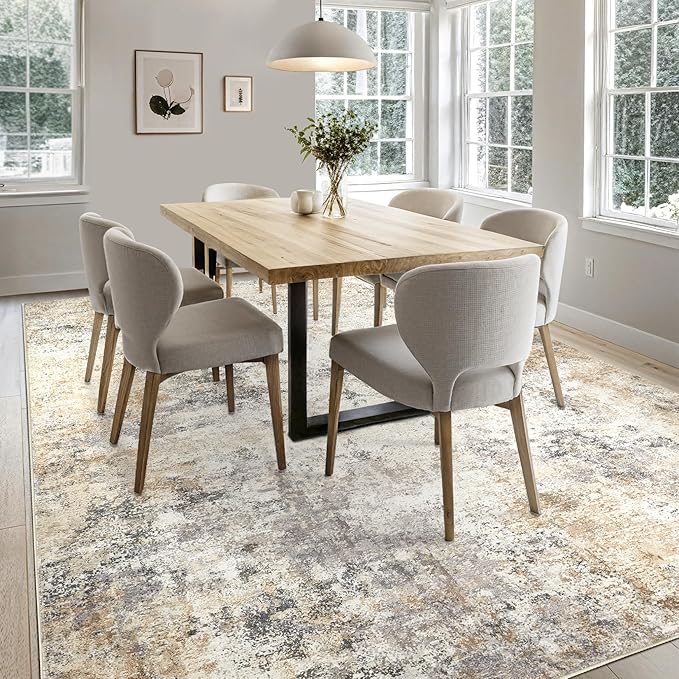 UERMEI 7x10 Area Rug Living Room Rugs - Washable Neutral Modern Abstract Soft Thin Large Rug Indoor Floor No Slip Rug Carpet for Bedroom Under Dining Table Home Office Decor - Golden Grey
