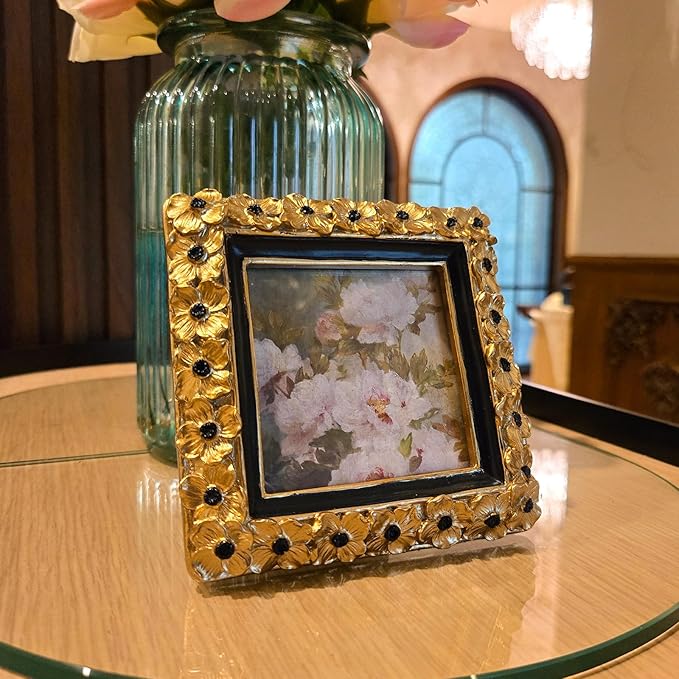 SYLVIA'S SHOP 3x3 Small Vintage Picture Frame, Mini Antique Gold Ornate Square Photo Frame, for Tabletop and Wall Display, Decorative Floral Design Retro Home Decor, Photo Gallery Art