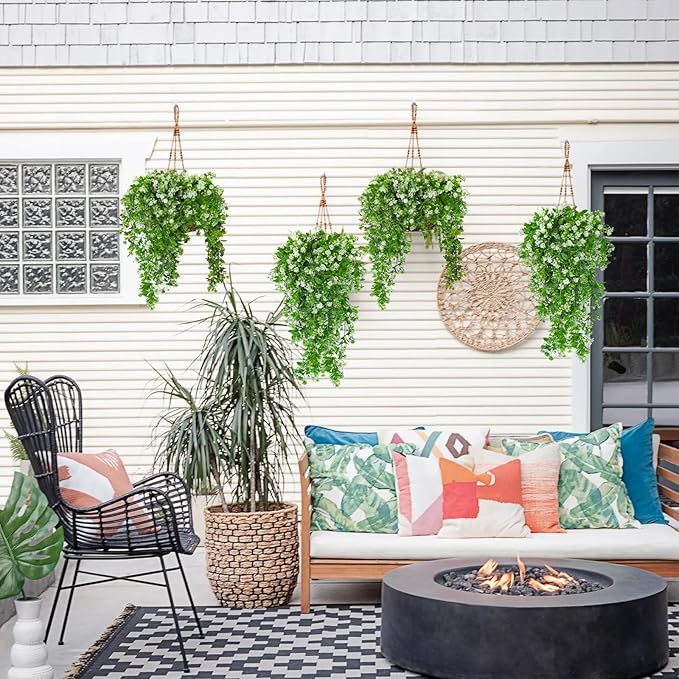 SJL Artificial Hanging Plants Fake Vine Faux Greenery Outdoor UV Resistant Plastic Plants Artificial Plant Outdoors Fake Hanging Vine for Indoor Outdoor Home Garden Wedding Party Decor (White)