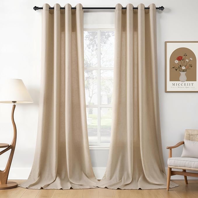 Taupe Burlywood Linen Curtains 108 Inches Long for Living Room Sheer Grommet Top Cotton Textured Rustic Farmhouse Privacy Drapes Floor to Ceiling Extra Long Curtain for Bedroom Office 52x108, 2 Panel