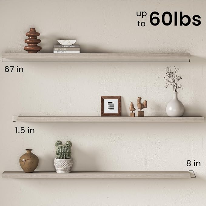 Fun Memories 67 Inch Floating Shelves for Wall, 8 Inch Deep Wall Mounted Wood Shelves with Invisible Brackets for Bathroom, Bedroom & Kitchen Storage Decor, Grey, 1 Pack