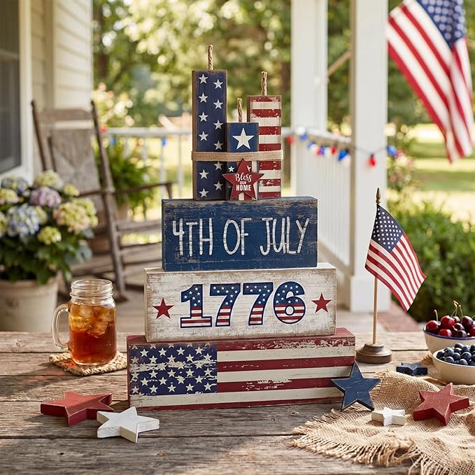 CroBlissful 4 Pcs 4th of July Decorations Patriotic Memorial Day Tabletop Decoration Red White Blue Table Centerpieces Sign for Office Tiered Tray Home Shelf 250th Anniversary(1776)