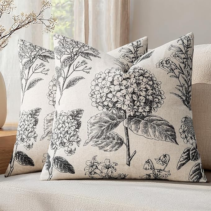 Set of 2 Decorative Floral Neutral Pillow Covers 18x18 Inch Black Hydrangea Print Spring Boho Vintage Throw Cushion Covers for Sofa Couch Porch Bedroom Living Room Summer Home Decor