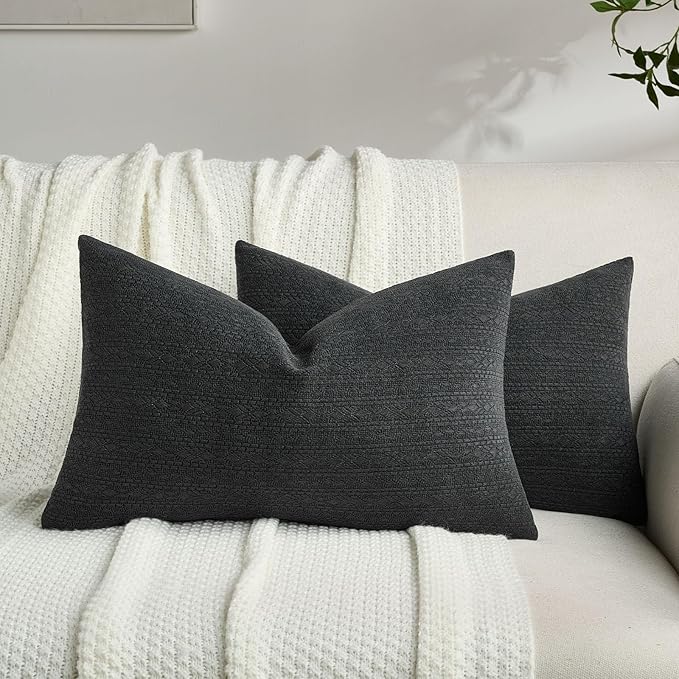 FUTEI Black Chenille Throw Pillow Covers 12x20 Inch Set of 2,Soft Striped & Diamond Textured Lumbar Pillow Cases,Modern Home Decor for Couch Living Room