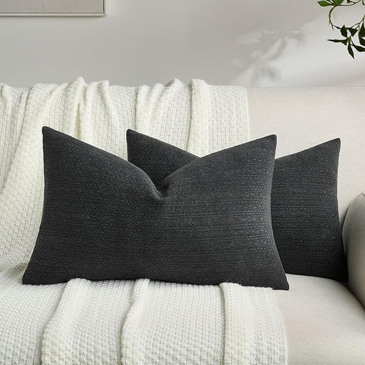 FUTEI Black Chenille Throw Pillow Covers 12x20 Inch Set of 2,Soft Striped & Diamond Textured Lumbar Pillow Cases,Modern Home Decor for Couch Living Room