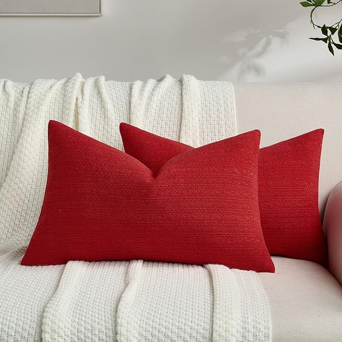 FUTEI Red Chenille Throw Pillow Covers 12x20 Inch Set of 2,Soft Striped & Diamond Textured Lumbar Pillow Cases,Modern Home Decor for Couch Living Room