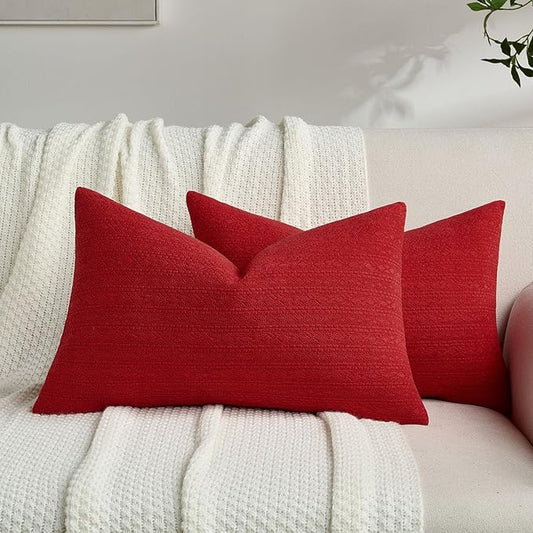 FUTEI Red Chenille Throw Pillow Covers 12x20 Inch Set of 2,Soft Striped & Diamond Textured Lumbar Pillow Cases,Modern Home Decor for Couch Living Room