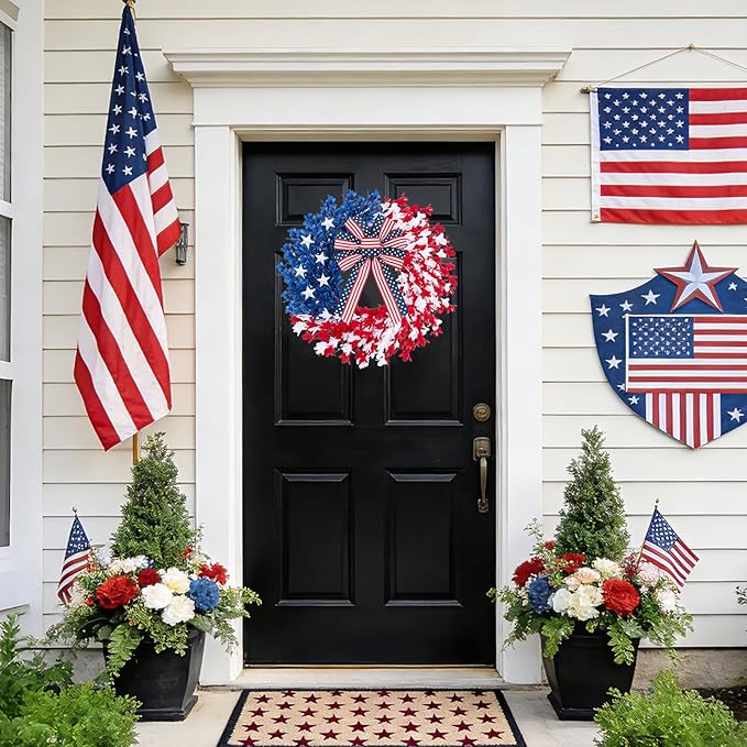 22 inch Patriotic Wreath, 4th of July Wreaths for Front Door, Red White Blue Anniversary Independence Day Memorial Day Wreath Indoor Outdoor Decor
