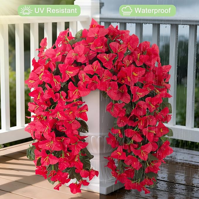 Fake Bougainvillea Artificial Flowers for Outdoors Decoration 2 pcs Faux Hanging Flowers Plants for Outdoor Planters UV Resistant Silk Bougainvillea Vines for Front Door Porch Urn Patio Garden