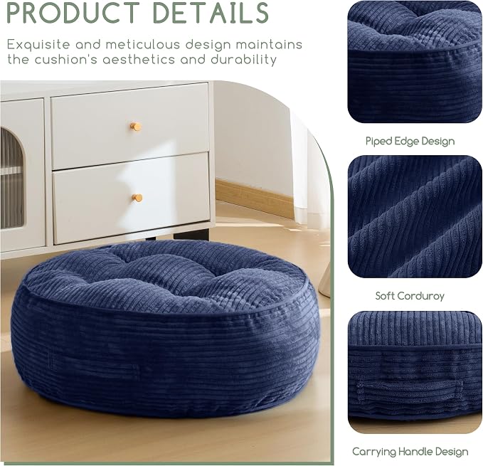 HIGOGOGO 8" Extra Thick Floor Pillow Cushion for Adults, Meditation Cushion Pillow, Large Round Floor Sitting, Tufted Corduroy Cover, for Tatami Living Room or Yoga, 22x22 Inch, Navy