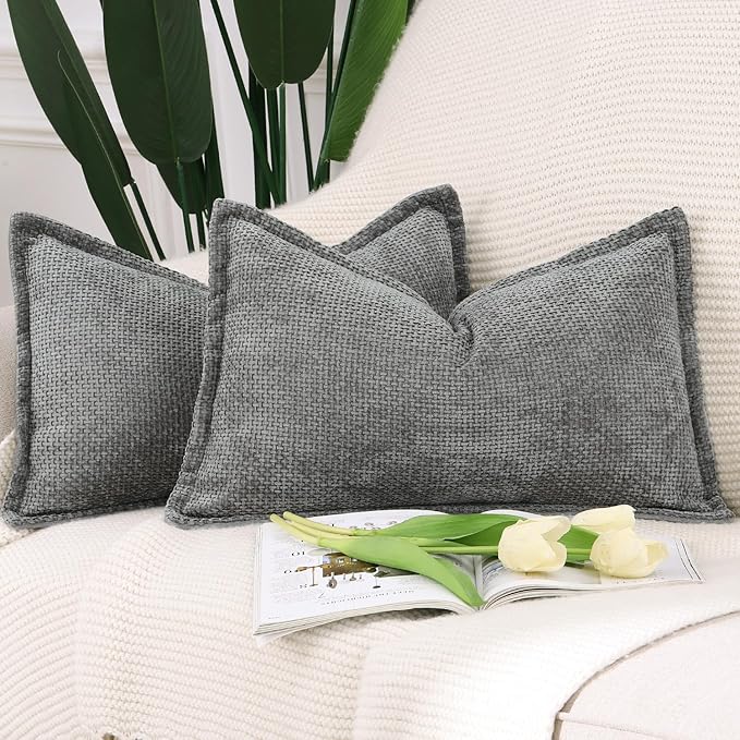 MADIZZ Decorative Chenille Velvet Throw Pillow Covers Set of 2 Soft Boho Textured Neutral Couch Throw Pillow for Bed Modern Farmhouse Home Decor for Sofa Livingroom Dark Grey 12x20 Inch