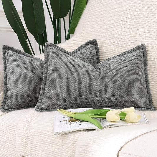 MADIZZ Decorative Chenille Velvet Throw Pillow Covers Set of 2 Soft Boho Textured Neutral Couch Throw Pillow for Bed Modern Farmhouse Home Decor for Sofa Livingroom Dark Grey 12x20 Inch