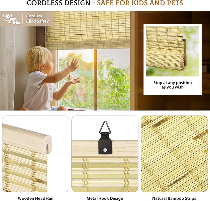 LazBlinds Cordless Bamboo Blinds, 35"x72", Petite Rustique | Bamboo Roll Up Shades for Windows, Light Filtering Hanging Window Blinds, Bamboo Shades for Patio Indoor/Outdoor Porch