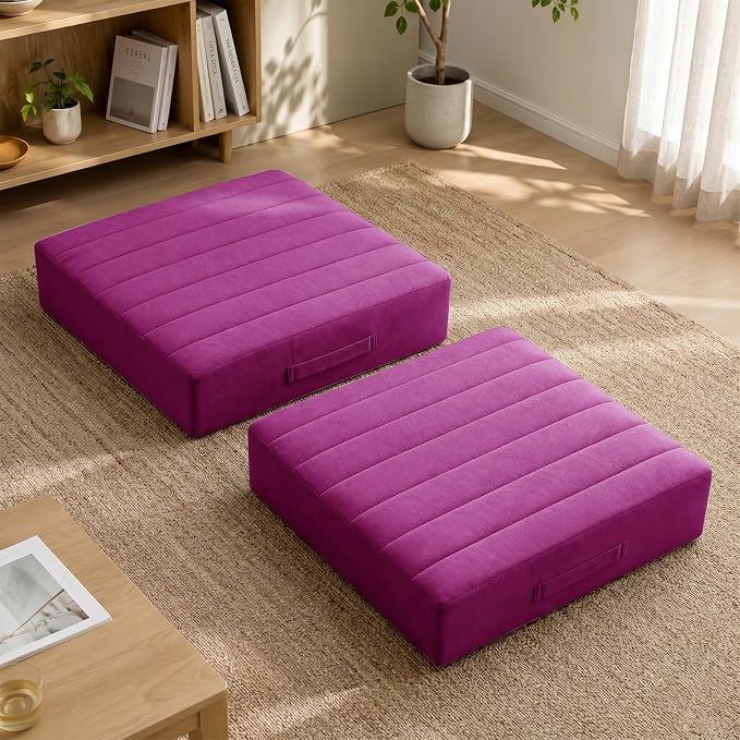 JKMAX 2 Pcs High Density Foam Floor Pillow - Upgraded Large Pillows Seating for Adults - Outdoor Floor Cushion with Soft Tufted Cover - Yoga Pillows for Sitting On Floor - 22 Inch Purple