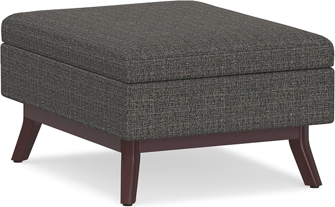 SIMPLIHOME Owen Coffee Table Storage Ottoman - 34" Wide x 19" High Upholstered Tweed Look Fabric Rectangular Lift-Top Ottoman in Ebony, Mid-Century Modern Bench for Living Room with Tapered Legs