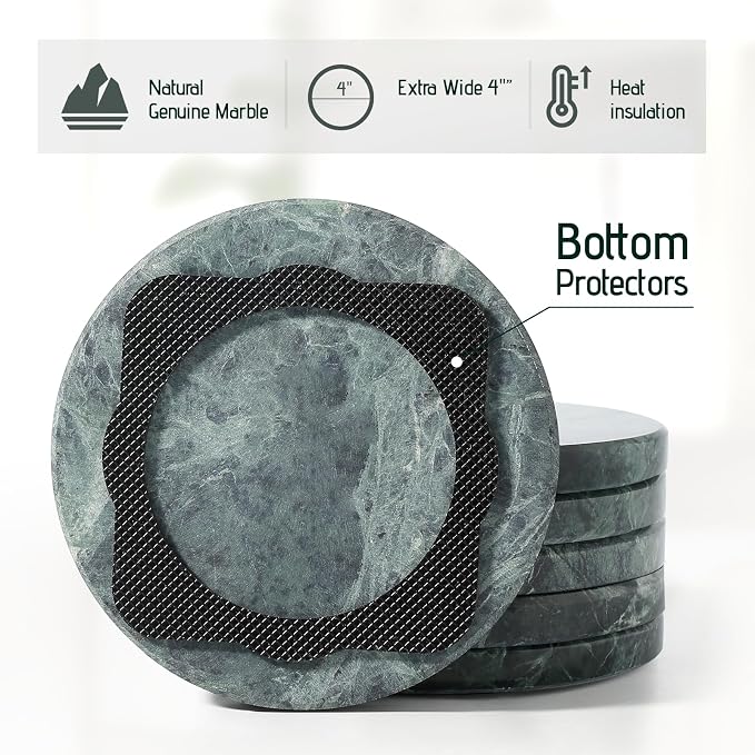 Marble Coasters Set of 6 Green - 4" Round Stone Coasters for Drinks - Luxury Marble Coasters for Coffee Table - Elegant Heat Tolerant Table Decor for Home, Office, Dining, Ideal Housewarming Gift