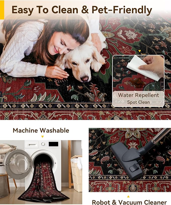 RELEANY Area Rugs Square 7ft Washable Non-Slip, Floral Vintage Distress Medallion Carpet for Living Room Bedroom Dining Room, Red Black