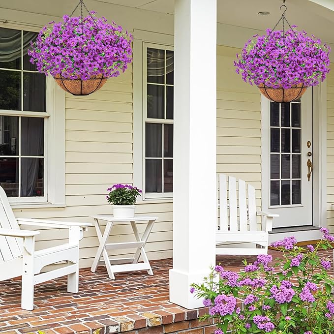 Ouddy Decor Artificial Hanging Flowers with Basket, Fake Hanging Plants with Faux Silk Flowers UV Resistant for Outdoors Indoors Spring Summer Porch Patio Balcony Yard Home Decorations, Purple