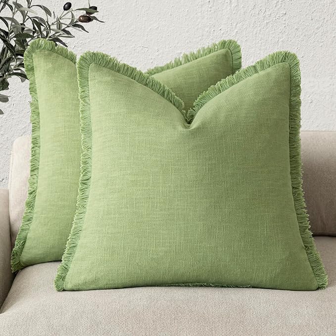 Foindtower Set of 2 Decorative Linen Fringe Throw Pillow Covers Cozy Boho Farmhouse Cushion Cover with Tassels Soft Accent Pillowcase for Couch Sofa Bed Living Room Home Decor,18×18 Inch,Lime Green