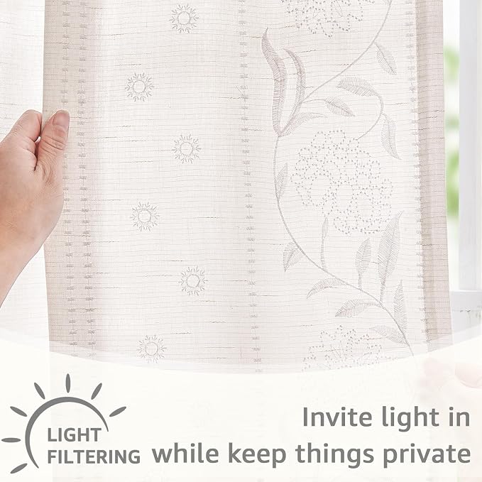 jinchan Winslow Linen Curtains for Bedroom 96 Inches Length Embroidered Bordered Floral Curtains for Living Room Farmhouse Decor Light Filtering Window Treatments White on White Drapes 2 Panels