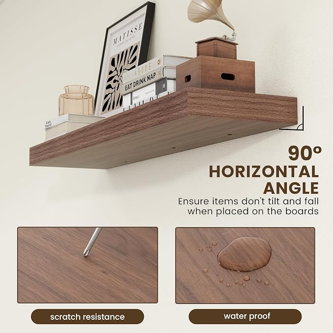 FLYJOE Deep Floating Shelves, 48 Inch Walnut Shelves Set of 1 | 12 Inch Deep Shelves for Wall, 48'' x 12'' Rustic Wood Shelves for Bathroom Living Room Laundry Room Kitchen