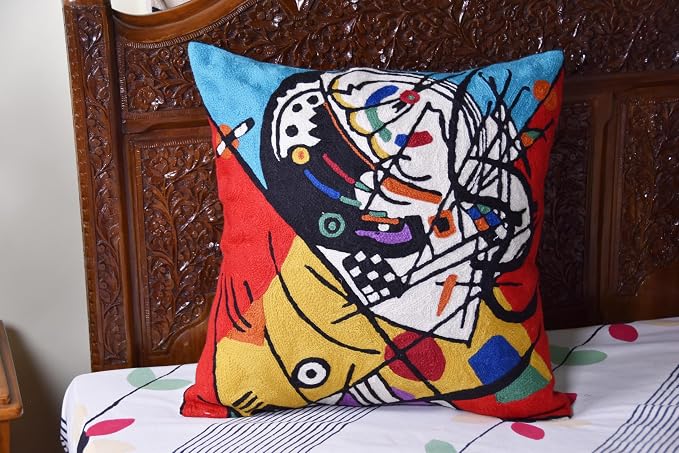 Kandinsky Balancement Decorative Pillow Cover Abstract Toss Pillows Farmhouse Chair Cushion Contemporary Pillow Mid-Century Chair Cushions Hand Embroidered Pillow Wool Size 18x18