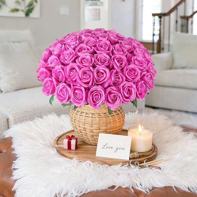 HyeFlora 50 PCS Roses Artificial Flowers, Fake Roses with Stem Realistic Hot Pink Silk Rose for DIY Wedding Bouquets Table Centerpieces Arrangements Baby Shower Birthday Home Decor for Her