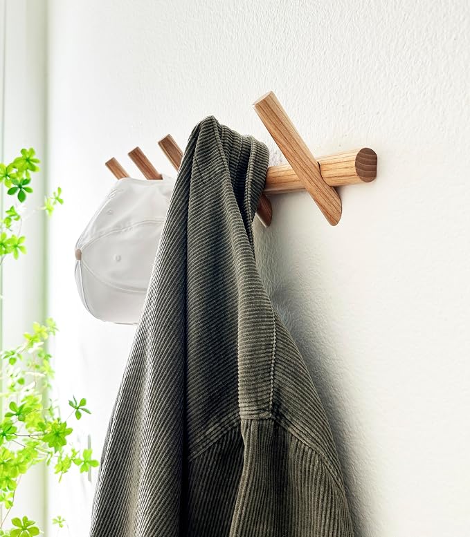 Modern 5-Hook Wooden Coat Rack, Decorative Coat Rack wall Mount for Bags, Hats, Purse, Heavy Duty, Sturdy (Ash White)