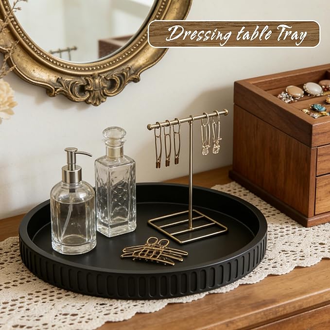 12in Decorative Tray for Coffee Table Tray Decor, Black 100% Solid Concrete Decorative Round Tray for Kitchen, Living Room, Home Decor