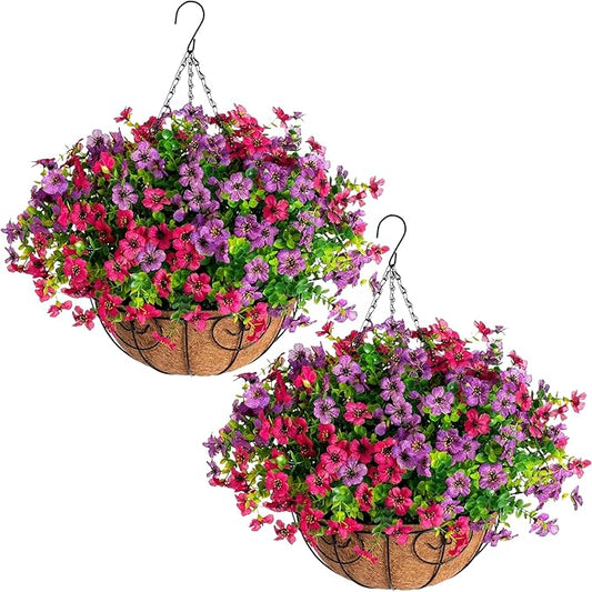HyeFlora 2 Set Artificial Outdoor Flowers Hanging Basket, Faux Hanging Plants for Outside Spring Decoration, Fake Silk UV Resistant Look Real Daisy for Porch Patio Home Decor