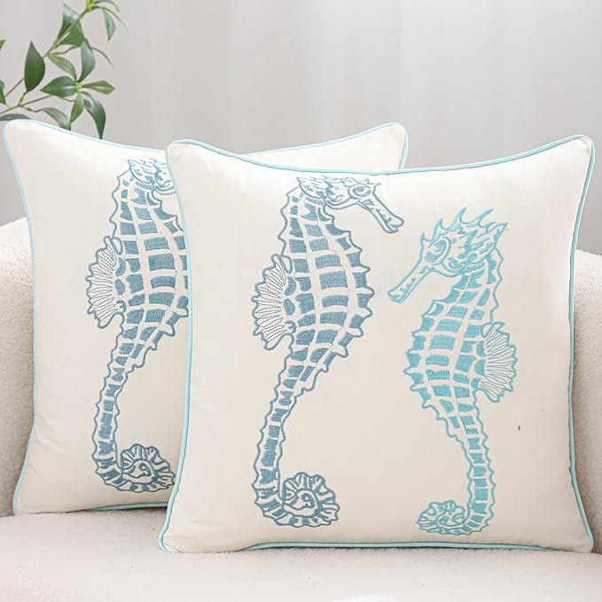 Blue Seahorse Pillow Covers 18x18 Pack of 2 Boho Embroidered Throw Pillow Covers Summer Cushions Cases Farmhouse Decor Square Pillowcases Spring Home Decor for Sofa Bed Living Room
